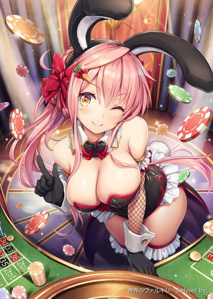 Anime picture 680x950 with shinkai no valkyrie fortuna (shinkai no valkyrie) akkijin single long hair tall image looking at viewer blush fringe breasts light erotic smile large breasts standing bare shoulders animal ears payot pink hair cleavage ponytail