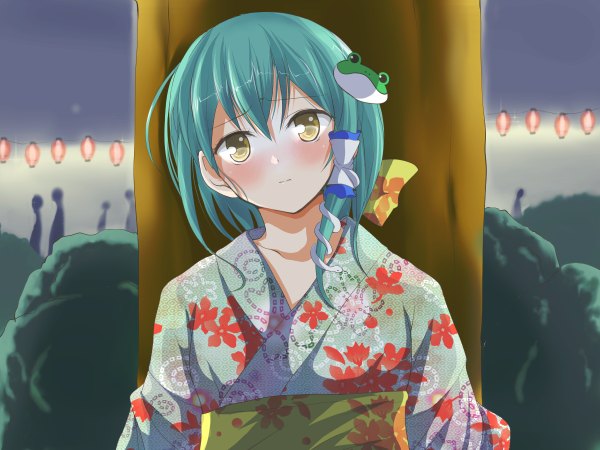 Anime picture 1200x900 with touhou kochiya sanae deego (omochi bazooka) single long hair looking at viewer blush highres breasts large breasts yellow eyes traditional clothes japanese clothes green hair girl kimono hair tubes snake frog