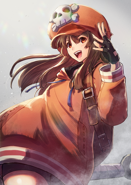 Anime picture 1071x1503 with guilty gear guilty gear 2020 may (guilty gear) kuroi susumu single long hair tall image looking at viewer fringe open mouth simple background hair between eyes brown hair standing brown eyes blunt bangs :d arm up grey background floating hair