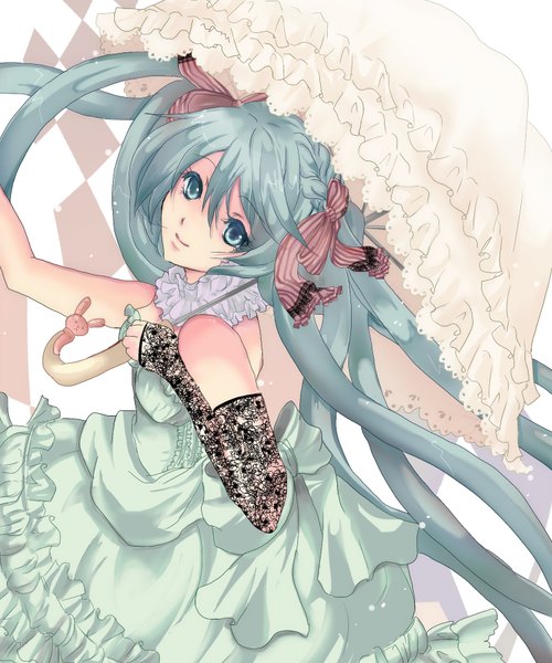 Anime picture 1500x1800 with vocaloid hatsune miku risou (maeda risou) single long hair tall image looking at viewer fringe smile hair between eyes standing twintails bare shoulders payot braid (braids) head tilt aqua eyes aqua hair floating hair side braid