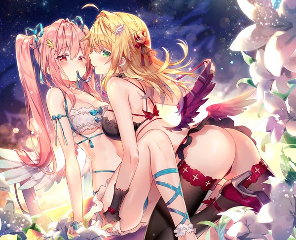 Anime picture 992x806 with original rianastia flugel olivier (riichu) riichu long hair looking at viewer blush fringe breasts light erotic blonde hair smile hair between eyes red eyes sitting twintails bare shoulders multiple girls holding green eyes