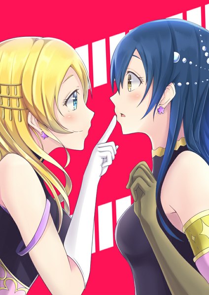 Anime picture 706x1000 with love live! school idol project sunrise (studio) love live! ayase eli sonoda umi long hair tall image blush open mouth blue eyes blonde hair multiple girls yellow eyes blue hair light smile face to face surprised girl gloves hair ornament