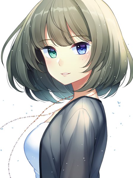 Anime picture 1000x1336 with idolmaster idolmaster cinderella girls takagaki kaede jenevan single tall image looking at viewer blush fringe short hair blue eyes simple background smile brown hair white background green eyes upper body parted lips wind mole