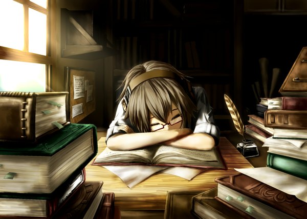 Anime picture 2220x1582 with original namacotan single fringe highres short hair brown hair eyes closed short sleeves girl glasses window book (books) feather (feathers) table ink