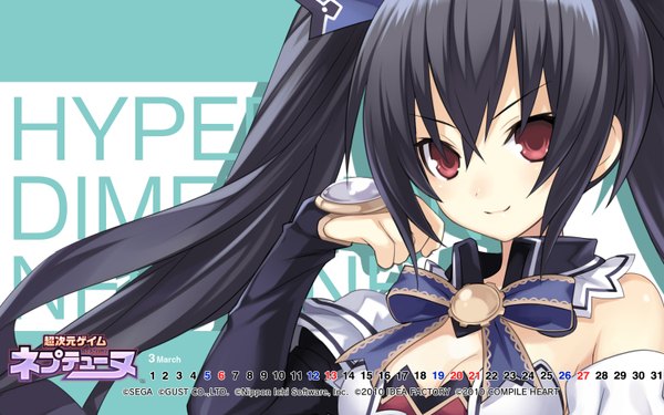 Anime picture 1500x938 with choujigen game neptune hyperdimension neptunia mk2 noire tsunako single long hair looking at viewer black hair smile red eyes wide image twintails bare shoulders cleavage official art girl ribbon (ribbons) hair ribbon calendar