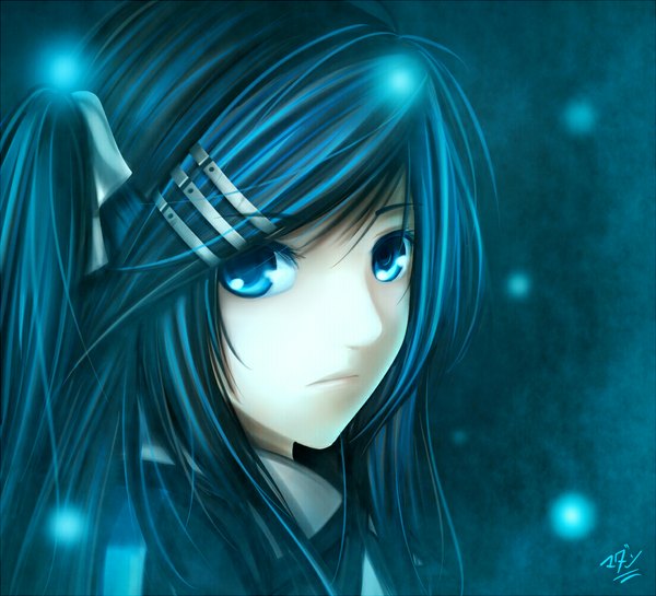 Anime picture 1100x1000 with original jurrig single long hair blue eyes blue hair close-up face girl hair ornament bow hair bow hairclip