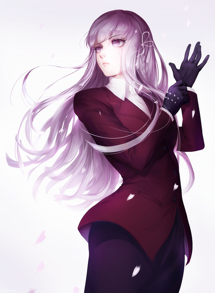 Anime picture 1468x2000 with dangan ronpa danganronpa 3 kirigiri kyouko katorius single long hair tall image fringe purple eyes looking away purple hair blunt bangs gradient background floating hair adjusting gloves girl skirt gloves ribbon (ribbons) hair ribbon