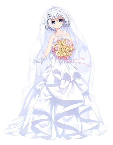 Anime picture 2000x2560 with date a live tobiichi origami neps-l single tall image looking at viewer blush fringe highres short hair breasts blue eyes simple background smile hair between eyes standing white background holding silver hair full body