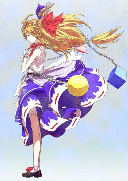 Anime picture 707x1000 with touhou ibuki suika egawa satsuki single long hair tall image simple background blonde hair red eyes full body profile horn (horns) wind looking down blue background girl skirt bow hair bow long skirt