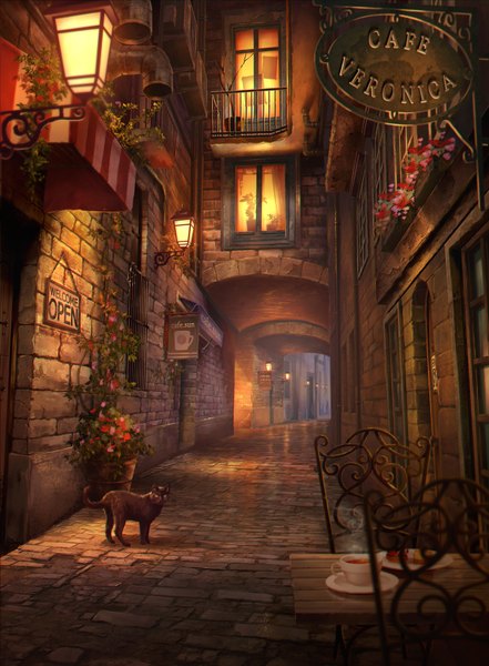Anime picture 1200x1632 with original sho (shoichi-kokubun) tall image outdoors night text no people english steam street flower (flowers) plant (plants) animal window building (buildings) cat chair table cup lantern