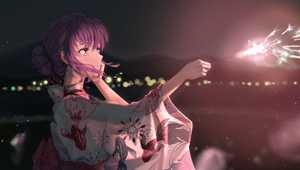 Anime picture 5095x2894 with fate (series) fate/stay night heaven's feel matou sakura tooku0 single fringe highres short hair blue eyes hair between eyes wide image signed payot looking away absurdres purple hair upper body outdoors traditional clothes