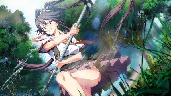 Anime picture 1280x720 with material brave giga midoukane hikaru kikuchi seiji long hair light erotic black hair wide image brown eyes game cg ponytail pantyshot girl uniform underwear weapon school uniform