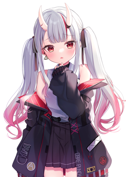 Anime picture 2500x3500 with virtual youtuber hololive nakiri ayame nakiri ayame (streetwear) ineka ka single long hair tall image looking at viewer blush fringe highres simple background red eyes white background twintails payot silver hair pleated skirt horn (horns)