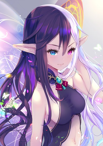 Anime picture 706x1000 with shingoku no valhalla gate aoi (kirabosi105) single long hair tall image looking at viewer blush fringe breasts blue eyes light erotic hair between eyes purple hair silver hair upper body pink eyes multicolored hair light smile pointy ears two-tone hair