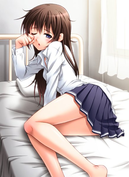 Anime picture 747x1024 with original horiguchi hiroshi single long hair tall image looking at viewer blush open mouth blue eyes brown hair one eye closed wink bare legs girl skirt uniform school uniform shirt bed