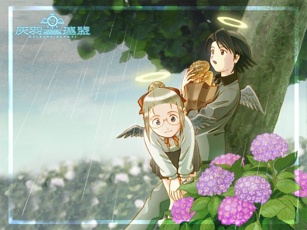 Anime picture 1024x768 with haibane renmei hikari (haibane) kana (haibane) wallpaper rain :3 girl flower (flowers) plant (plants) wings tree (trees) glasses halo hydrangea bread melon bread