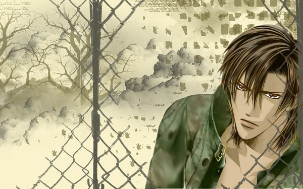 Anime picture 1200x750 with skip beat! tsuruga ren single looking at viewer fringe short hair brown hair wide image brown eyes boy plant (plants) tree (trees) jacket