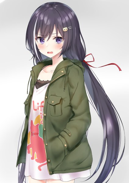 Anime picture 1062x1505 with princess connect! re:dive princess connect! karyl (princess connect!) karyl (real) (princess connect!) piripun single long hair tall image looking at viewer blush fringe open mouth black hair simple background hair between eyes standing purple eyes twintails payot long sleeves