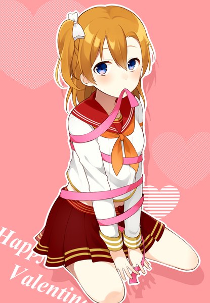 Anime picture 1024x1480 with love live! school idol project sunrise (studio) love live! kousaka honoka chisumi single tall image looking at viewer blush short hair simple background sitting purple eyes holding from above orange hair one side up mouth hold wariza pink background