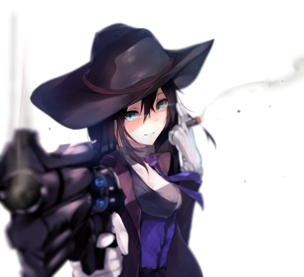 イラスト 2417x2200 と アイドルマスター アイドルマスターシンデレラガールズ オーバーウォッチ blizzard entertainment 渋谷凛 mccree (overwatch) hplay (kyoshinou) ソロ 長髪 カメラ目線 赤面 前髪 highres 黒髪 simple background 笑顔 hair between eyes 白背景 緑の目 payot