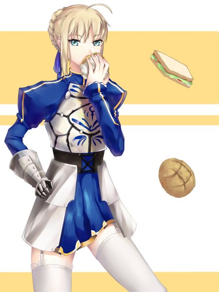 Anime picture 1500x2000 with fate (series) fate/stay night type-moon artoria pendragon (all) saber bbayu single tall image looking at viewer short hair blue eyes blonde hair eating girl thighhighs white thighhighs food garter straps clothes bread