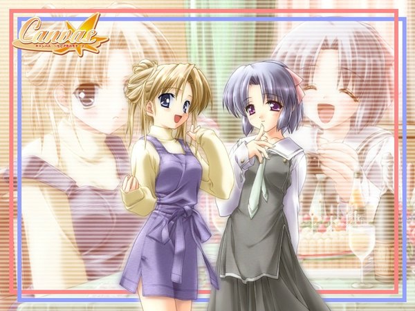 Anime picture 1024x768 with canvas (anime) sakurazuka ren saginomiya ai smile multiple girls girl ribbon (ribbons) 2 girls hair ribbon