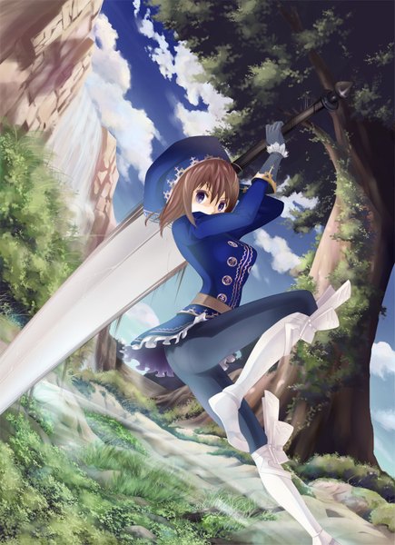 Anime picture 1144x1575 with original ryouku single tall image short hair brown hair purple eyes cloud (clouds) waterfall girl weapon plant (plants) hat sword tree (trees) water boots katana
