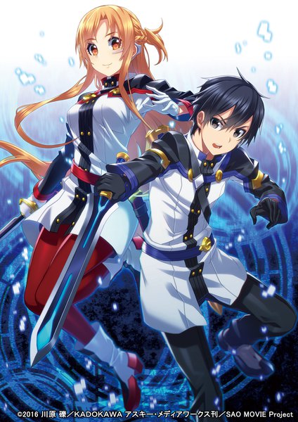 Anime picture 778x1100 with sword art online a-1 pictures yuuki asuna kirigaya kazuto is ii long hair tall image looking at viewer short hair open mouth black hair brown hair brown eyes couple girl boy gloves weapon sword white gloves