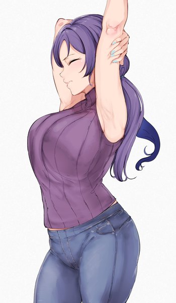 Anime picture 876x1500 with love live! school idol project sunrise (studio) love live! toujou nozomi alp single long hair tall image blush fringe breasts simple background large breasts standing white background twintails purple hair eyes closed nail polish profile
