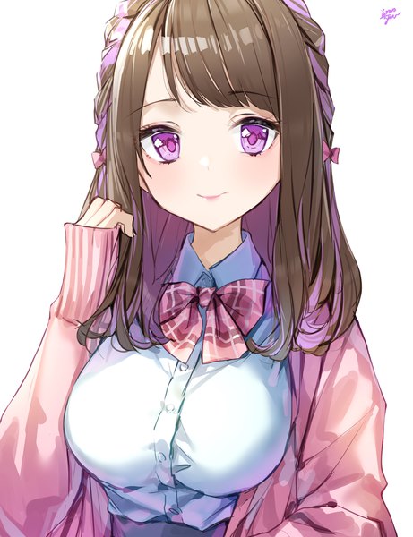 Anime picture 3506x4562 with original takenoko no you single long hair tall image looking at viewer blush highres simple background smile brown hair white background purple eyes signed absurdres upper body multicolored hair two-tone hair colored inner hair girl