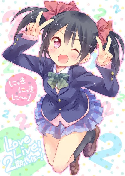 Anime picture 627x885 with love live! school idol project sunrise (studio) love live! yazawa nico ech single tall image looking at viewer blush open mouth black hair purple eyes twintails one eye closed from above wink short twintails victory jumping girl