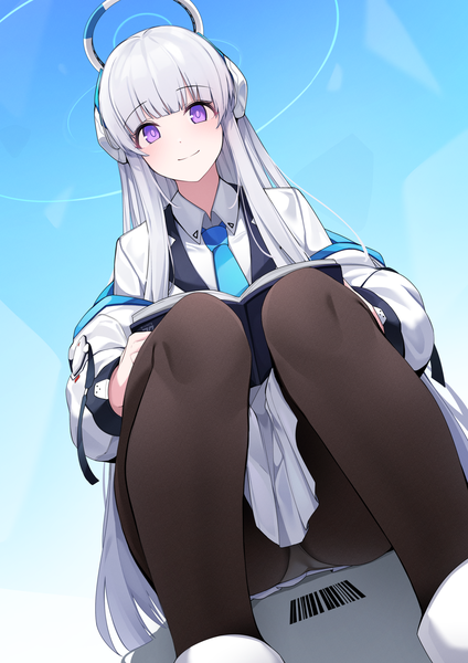 Anime picture 1240x1754 with blue archive noa (blue archive) ddangbi single long hair tall image looking at viewer fringe light erotic smile sitting purple eyes silver hair blunt bangs from below dutch angle pantyshot pantyshot sitting girl underwear