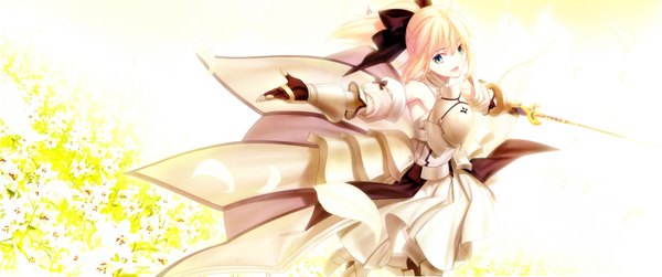 Anime picture 8280x3473 with fate (series) fate/stay night fate/unlimited codes studio deen type-moon artoria pendragon (all) saber saber lily single highres short hair blonde hair wide image green eyes absurdres spread arms girl gloves bow weapon