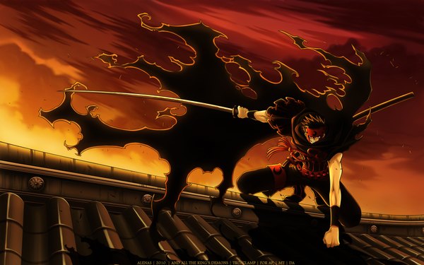Anime picture 1920x1200 with tsubasa reservoir chronicle clamp kurogane alenas single highres short hair black hair red eyes wide image cloud (clouds) torn clothes evening sunset boy weapon sword katana cloak roof