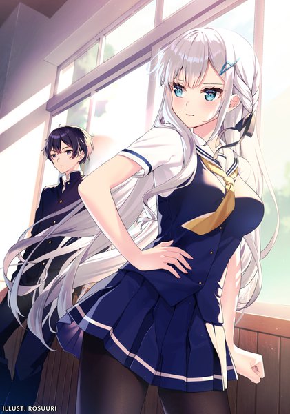 Anime picture 996x1421 with rosuuri long hair tall image blush fringe breasts blue eyes black hair large breasts standing purple eyes signed looking away silver hair ahoge indoors long sleeves pleated skirt official art short sleeves
