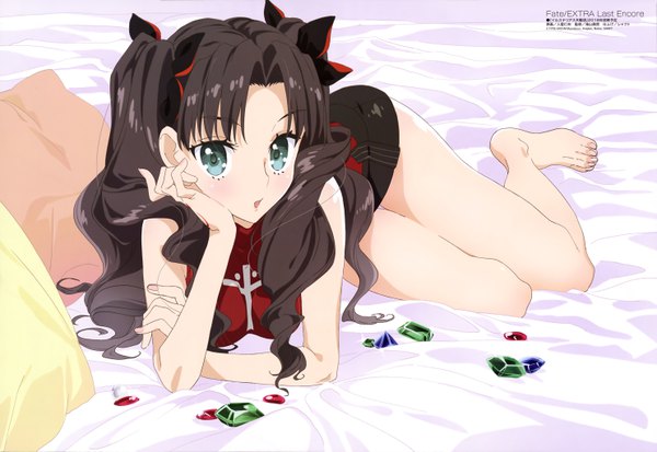 Anime picture 5929x4084 with fate (series) fate/extra last encore megami magazine toosaka rin irisato nio single long hair fringe highres open mouth blue eyes black hair twintails absurdres lying barefoot arm support official art bare legs wavy hair