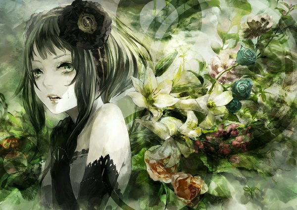 Anime picture 882x624 with vocaloid gumi hakus (pixiv) single looking at viewer fringe short hair open mouth green eyes green hair teeth tears floral print girl gloves hair ornament flower (flowers) black gloves elbow gloves lily (flower)