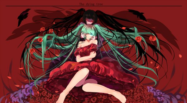 Anime picture 1400x775 with vocaloid hatsune miku greetload blue eyes black hair red eyes wide image twintails multiple girls very long hair barefoot aqua hair legs red background girl dress flower (flowers) 2 girls petals rose (roses)