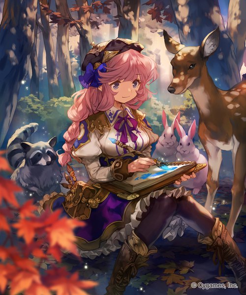 Anime picture 1200x1440 with shingeki no bahamut umberwig single long hair tall image looking at viewer fringe smile hair between eyes sitting purple eyes holding pink hair bent knee (knees) hair flower fingernails light smile official art depth of field puffy sleeves