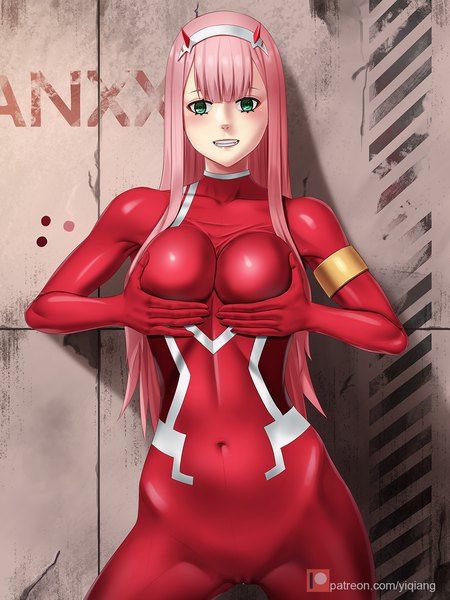 Anime picture 1068x1424 with darling in the franxx studio trigger zero two (darling in the franxx) yi qiang single long hair tall image looking at viewer blush fringe breasts light erotic smile large breasts green eyes pink hair blunt bangs horn (horns) grin covered navel