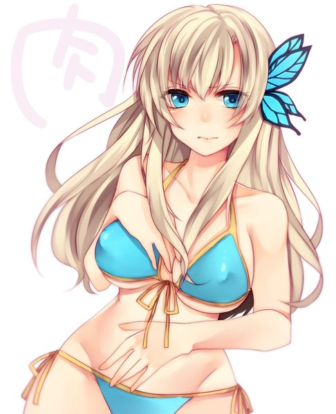 Anime picture 1417x1748 with boku wa tomodachi ga sukunai kashiwazaki sena wakatsuki you single long hair tall image looking at viewer breasts blue eyes light erotic blonde hair simple background large breasts white background girl hair ornament swimsuit bikini butterfly hair ornament