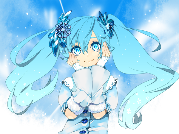 Anime picture 900x675 with vocaloid hatsune miku yuki miku kurono yuu single long hair looking at viewer blue eyes twintails blue hair blue background hands on face girl gloves hair ornament detached sleeves fingerless gloves snowflake hair ornament