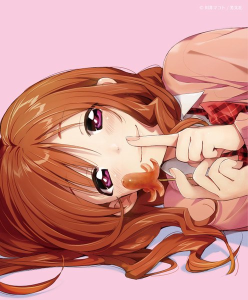 Anime picture 1284x1553 with koufuku graffiti shaft (studio) machiko ryou kawai makoto single long hair tall image looking at viewer blush fringe simple background smile brown hair holding lying pink eyes finger to mouth pink background girl food