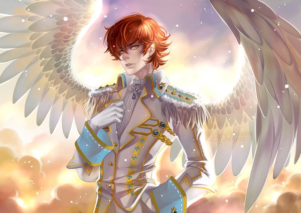 Anime picture 1024x724 with original luleiya single looking at viewer short hair signed yellow eyes sky cloud (clouds) orange hair hand on chest angel wings hand in pocket white wings boy wings epaulettes