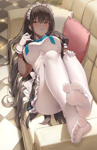 Anime picture 2882x4439 with blue archive karin (blue archive) yj (yojo san) single long hair tall image blush fringe highres breasts light erotic black hair hair between eyes yellow eyes looking away full body ahoge indoors lying from above