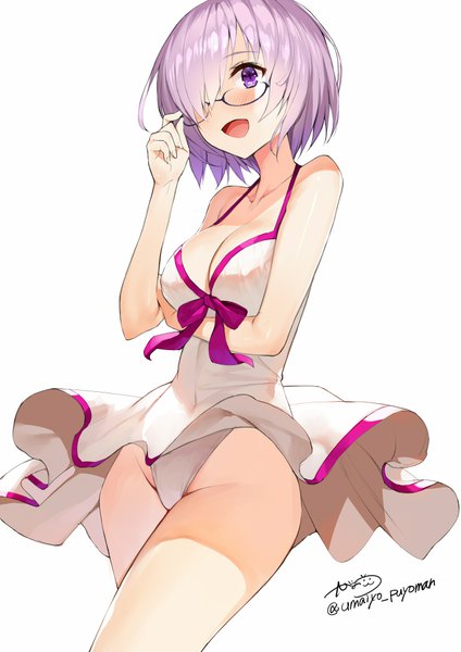 Anime picture 700x991 with fate (series) fate/grand order mash kyrielight mash kyrielight (swimsuit of perpetual summer) gaou (umaiyo puyoman) single tall image blush fringe short hair breasts open mouth light erotic simple background white background purple eyes signed looking away purple hair :d