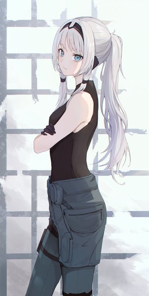Anime picture 1163x2311 with girls frontline an-94 (girls frontline) shichi (ratorin53) single long hair tall image looking at viewer fringe blue eyes standing payot silver hair ponytail blunt bangs sleeveless turning head girl gloves black gloves headband