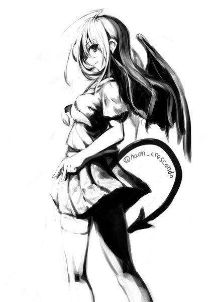 Anime picture 1000x1448 with original iori (cpeilad) single long hair tall image looking at viewer simple background white background signed ahoge tail monochrome demon tail demon wings girl thighhighs skirt uniform miniskirt white thighhighs