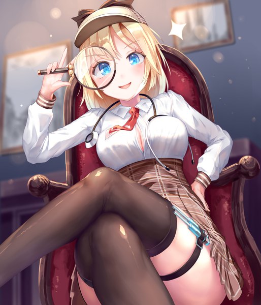 Anime picture 1000x1167 with virtual youtuber hololive hololive english watson amelia mogmog single long hair tall image looking at viewer blush fringe breasts open mouth blue eyes light erotic blonde hair smile sitting cleavage :d