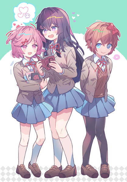 Anime picture 627x900 with doki doki literature club yuri (doki doki literature club) natsuki (doki doki literature club) sayori (doki doki literature club) aicedrop long hair tall image looking at viewer blush fringe short hair open mouth blue eyes simple background smile hair between eyes brown hair standing purple eyes multiple girls
